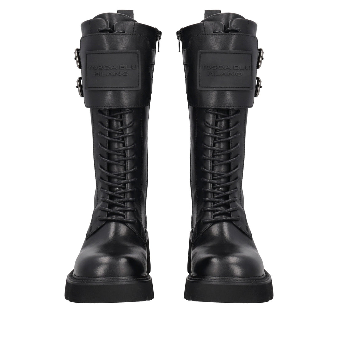 black madeleine leather combat boot with logo