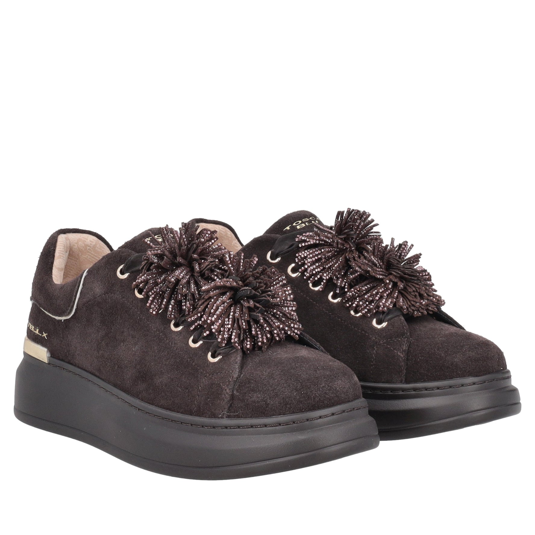 sneaker luxe in suede con pompon strass colore testa di moro sf2602s025 c60