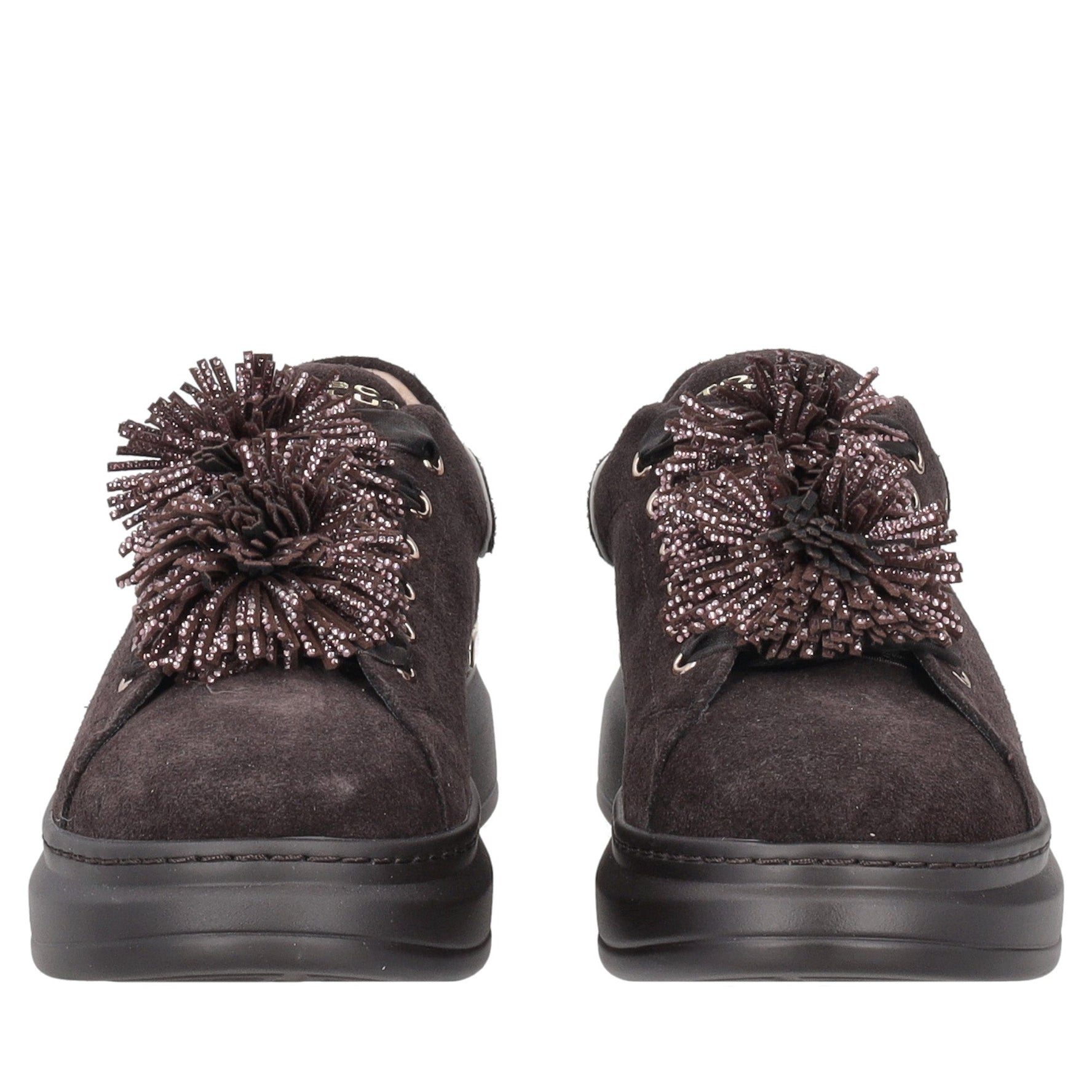 sneaker luxe in suede con pompon strass colore testa di moro SF2602s025 c60 SF2602S025.C60.38_2