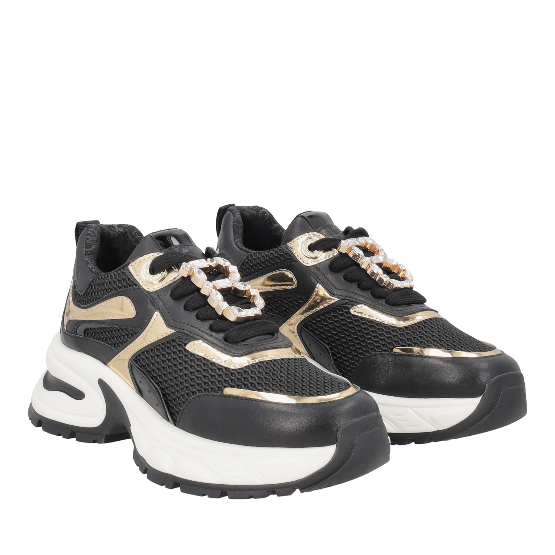 Sneaker Crystal in pelle con accessorio gioiello colore nero/oro