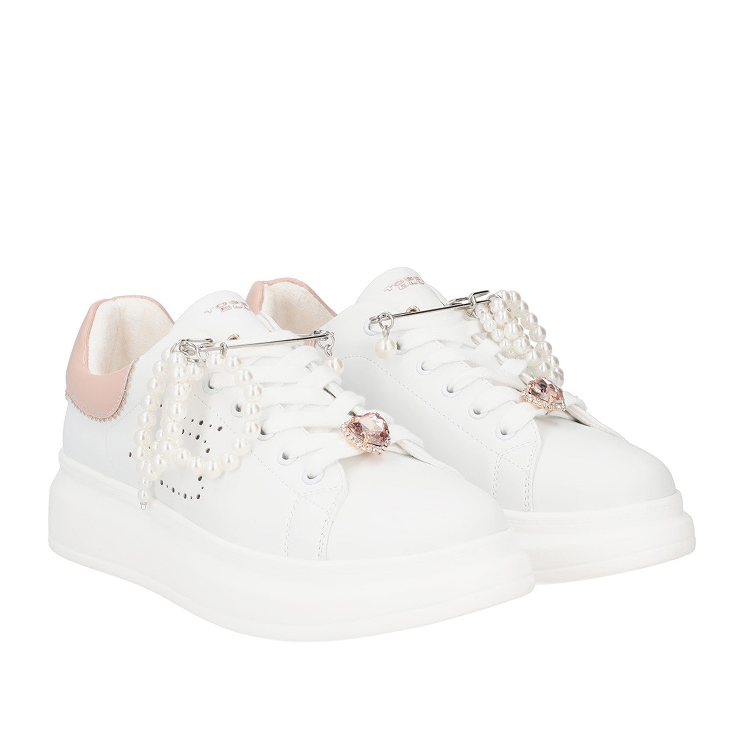 BIANCO/CIPRIA GLAMOUR SNEAKER WITH PIN AND PEARLS IN LEATHER
