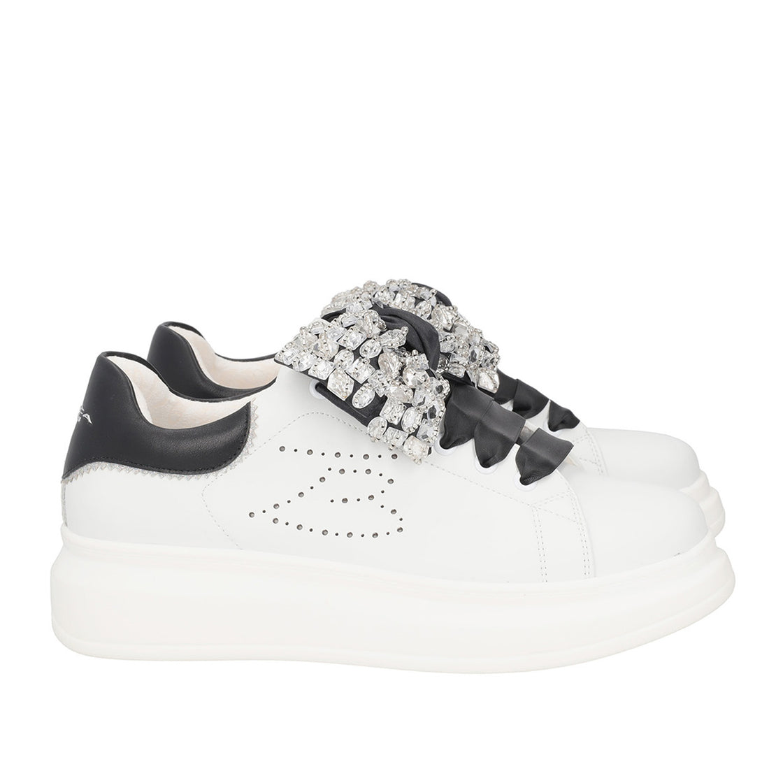 WHITE/BLACK GLAMOUR SNEAKER IN LEATHER WITH RHINESTONE BOW