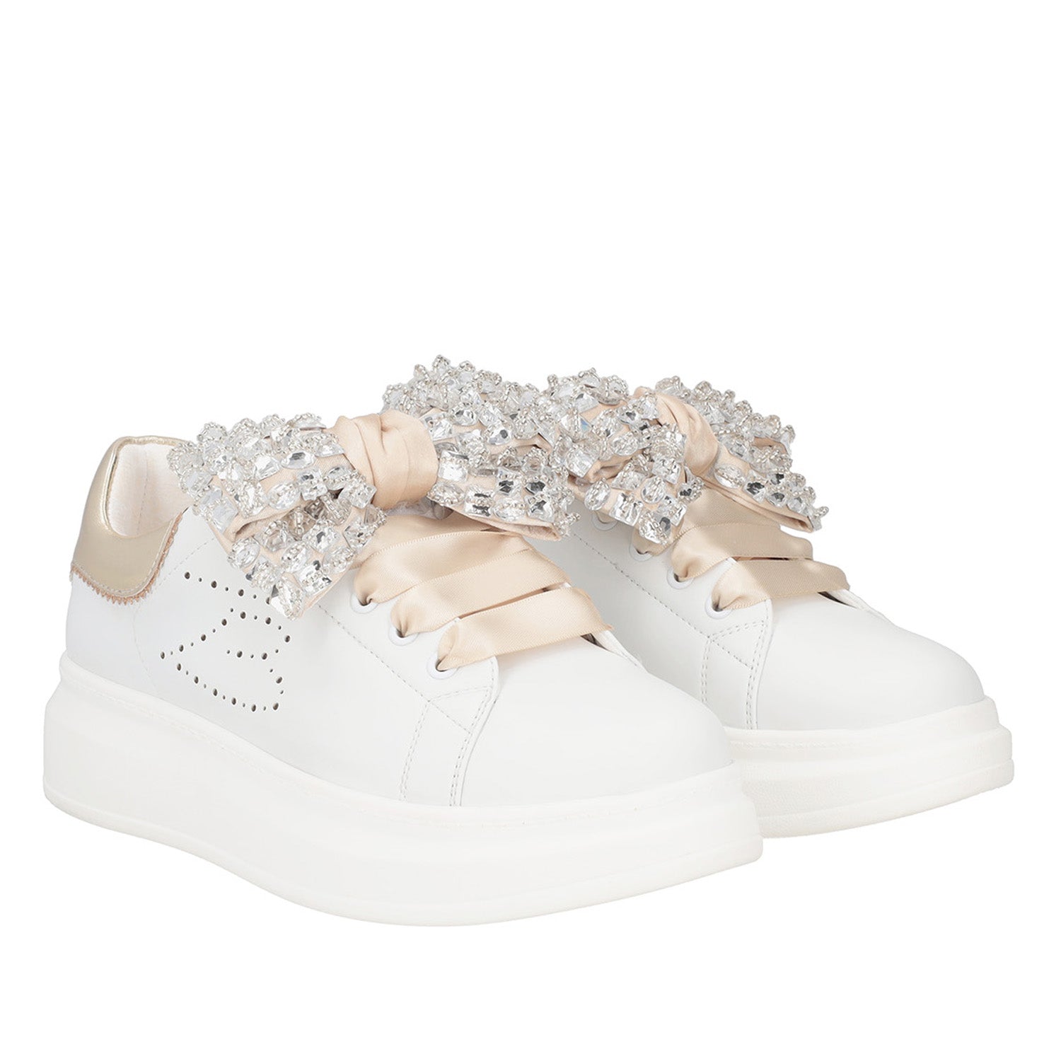 WHITE/GOLD GLAMOUR SNEAKER IN LEATHER WITH RHINESTONE BOW