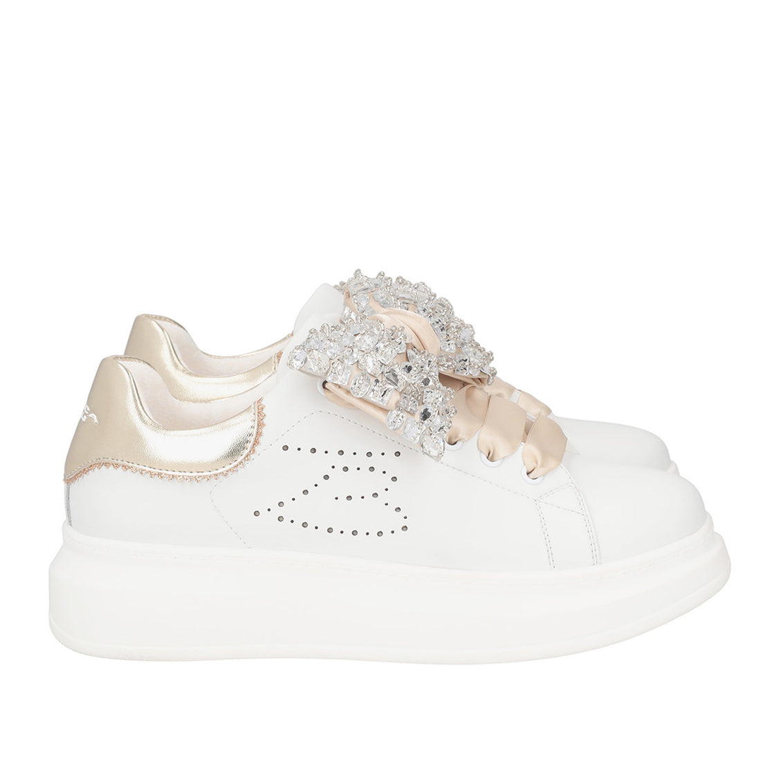 WHITE/GOLD GLAMOUR SNEAKER IN LEATHER WITH RHINESTONE BOW