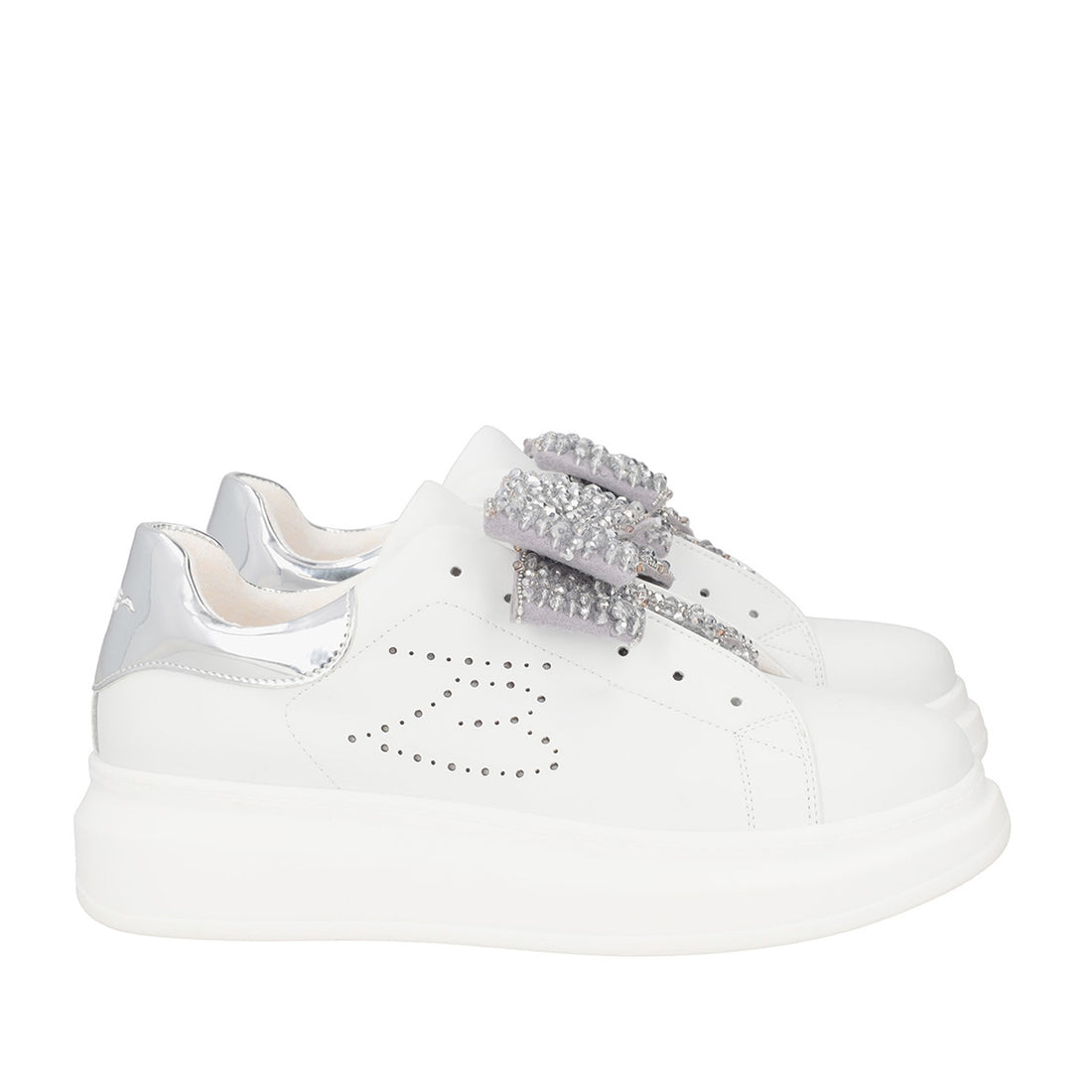 WHITE/SILVER GLAMOUR SNEAKER WITH RHINESTONE BOW