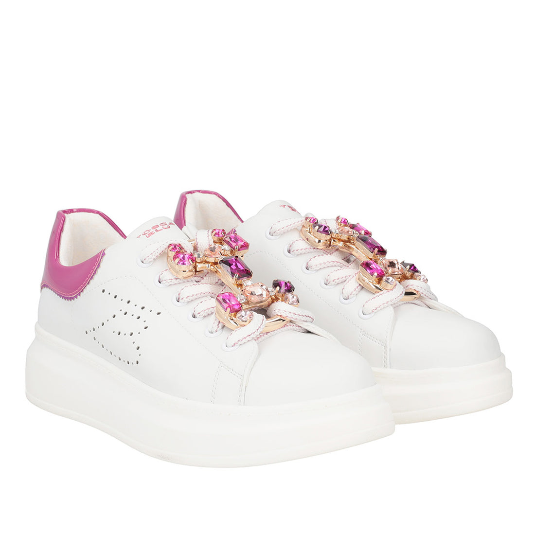 WHITE/FUXIA GLAMOUR SNEAKER WITH JEWEL ACCESSORY