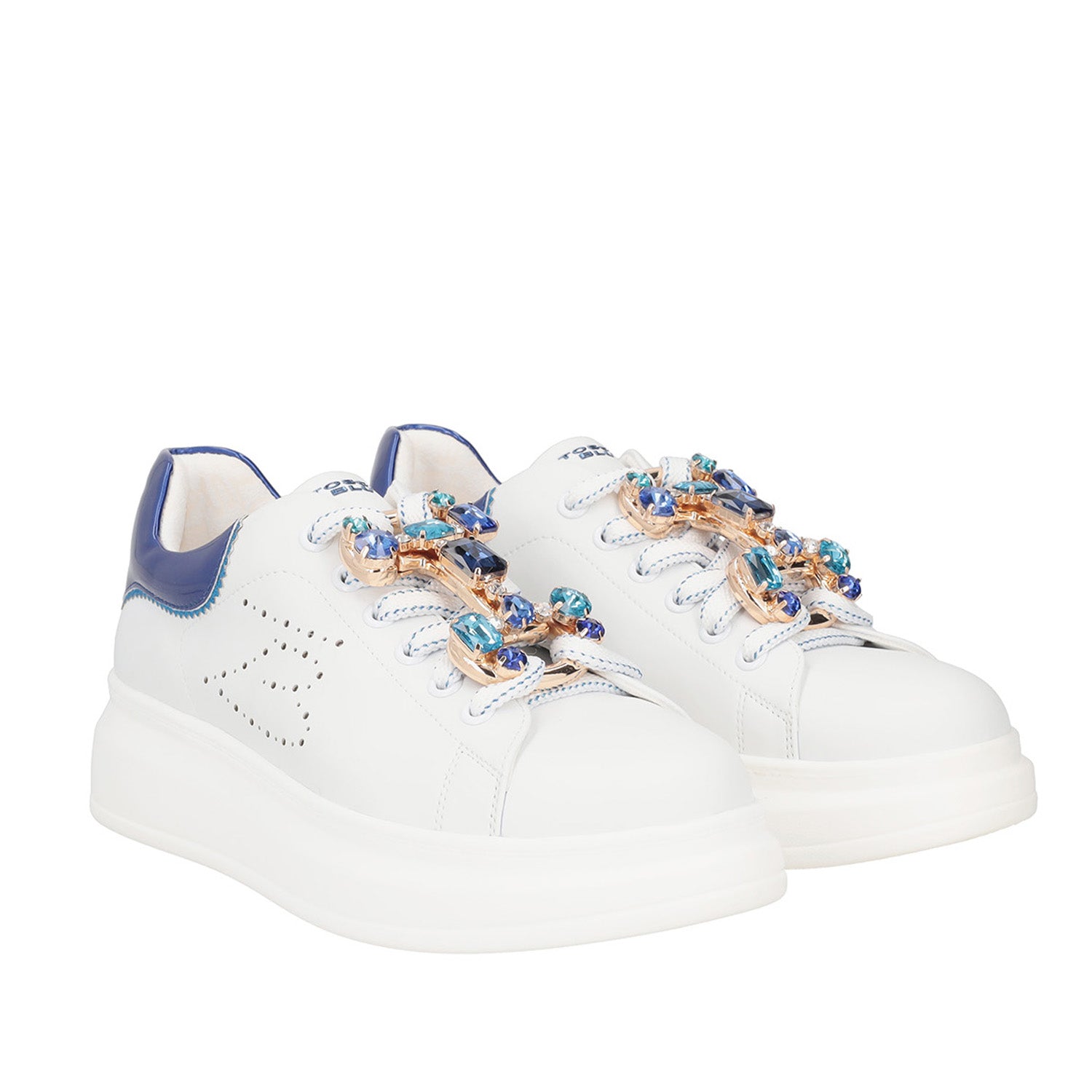 BIANCO/BLUETTE GLAMOUR SNEAKER WITH JEWEL ACCESSORY
