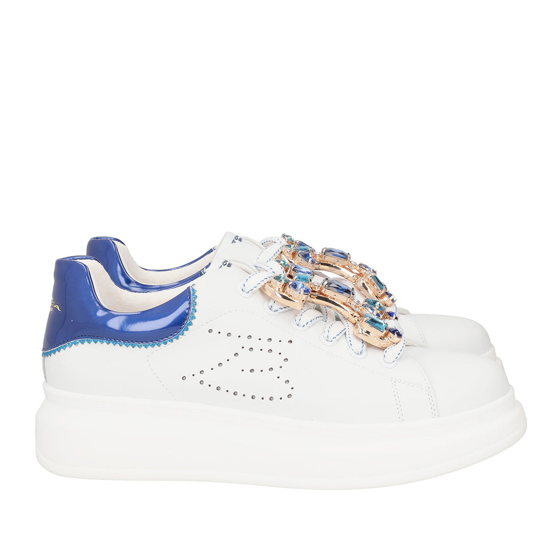 WHITE/BLUETTE GLAMOUR SNEAKER WITH JEWEL ACCESSORY
