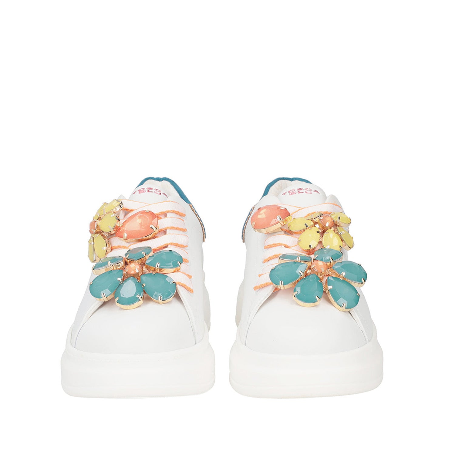 WHITE/TURQUOISE GLAMOUR SNEAKER IN LEATHER WITH JEWEL FLOWERS
