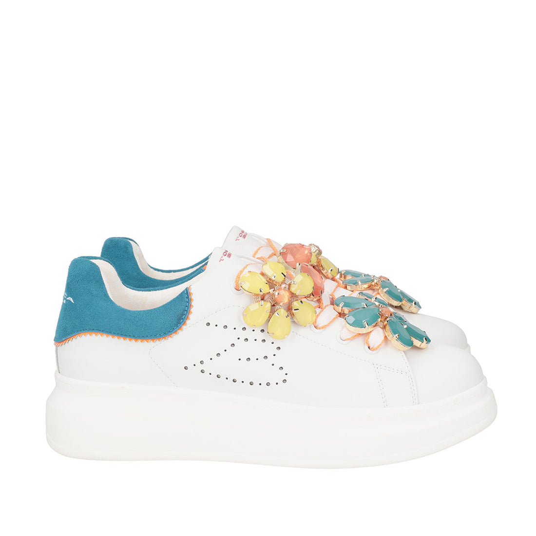 WHITE/TURQUOISE GLAMOUR SNEAKER IN LEATHER WITH JEWEL FLOWERS