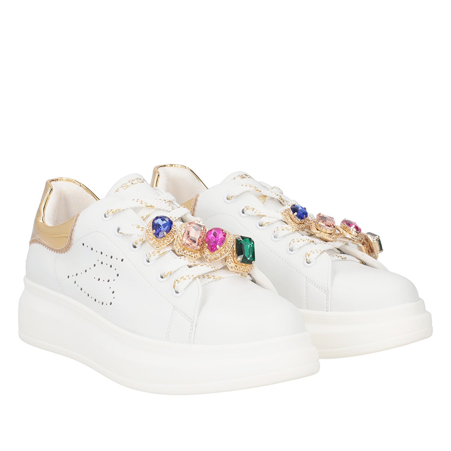 WHITE/GOLD GLAMOUR SNEAKER WITH RHINESTONE CHAIN
