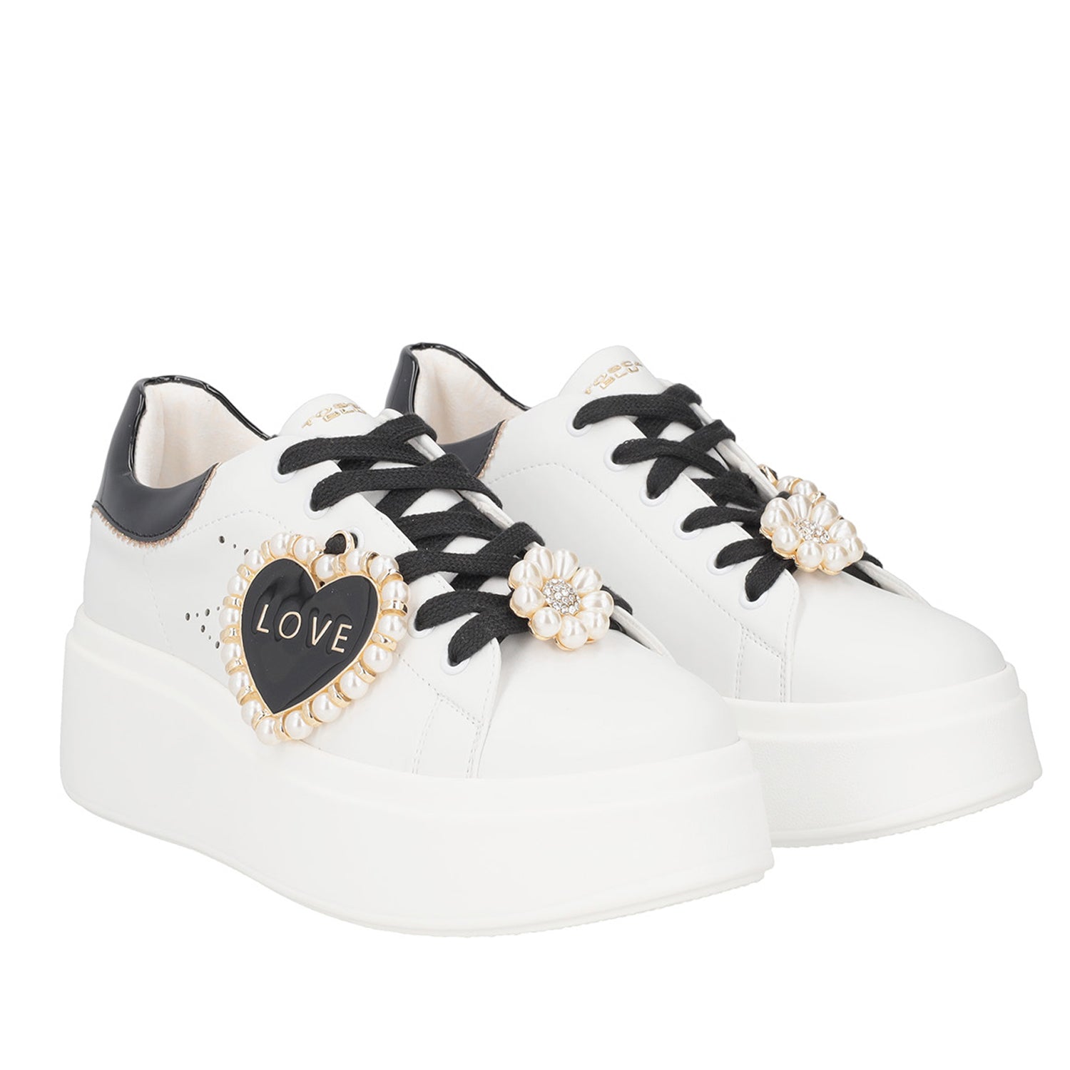 WHITE/BLACK VANITY SNEAKER WITH HEARTS AND PEARLS