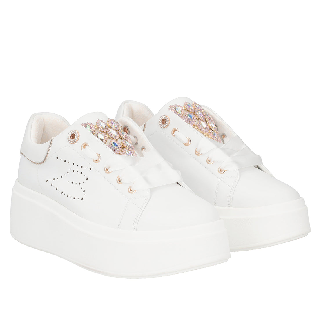 WHITE VANITY SNEAKER IN LEATHER WITH JEWEL ACCESSORY