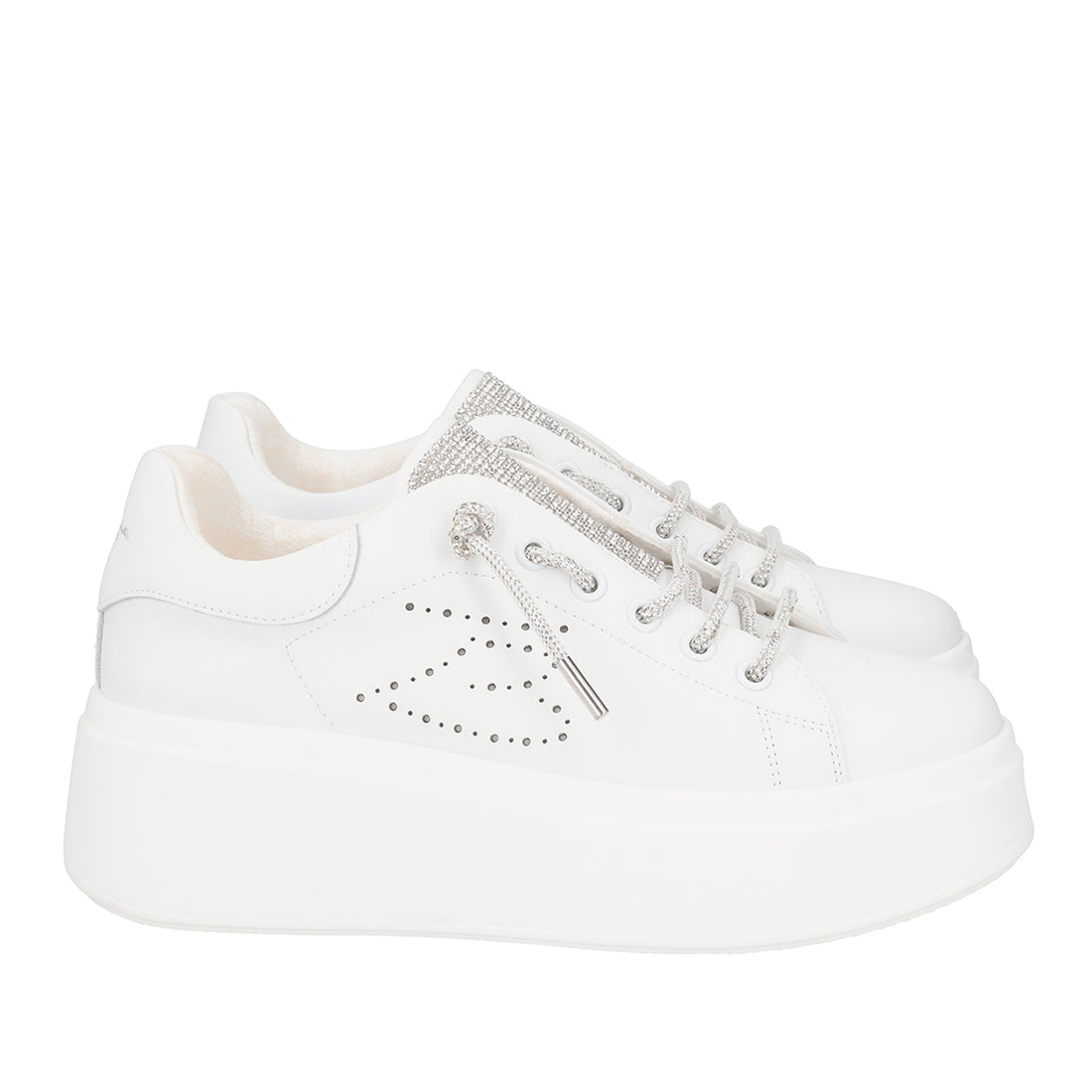 WHITE/SILVER VANITY SNEAKER IN LEATHER WITH MICRO RHINESTONES