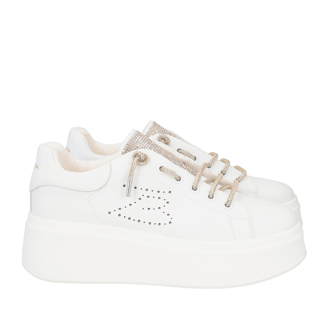 WHITE/GOLD VANITY SNEAKER IN LEATHER WITH MICRO RHINESTONES