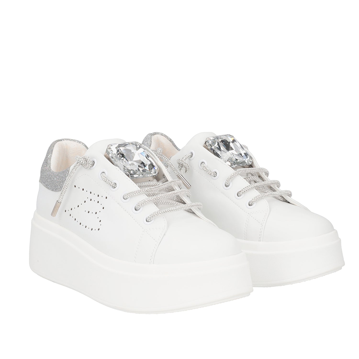 WHITE/SILVER VANITY SNEAKER WITH STONE AND RHINESTONES LACE