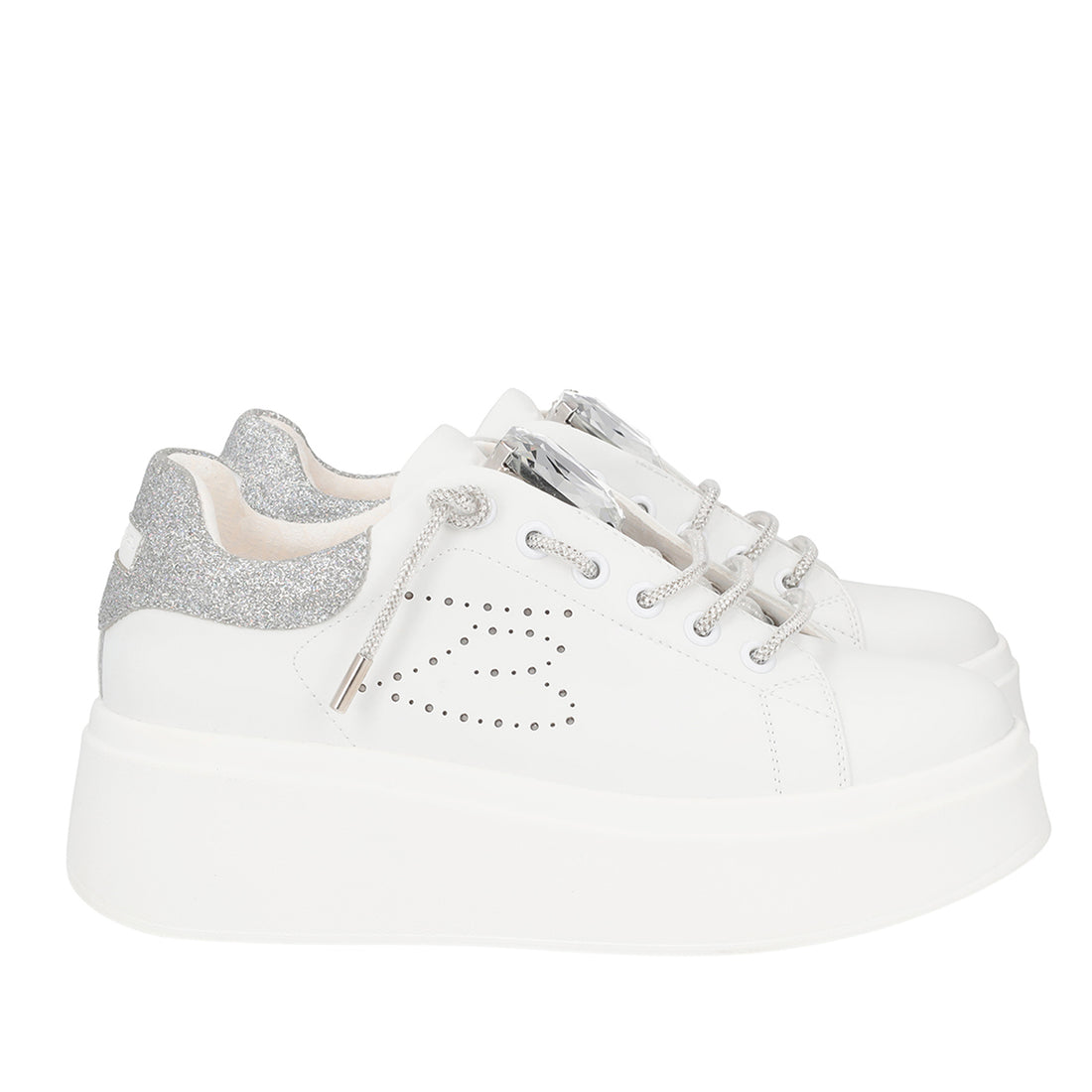 WHITE/SILVER VANITY SNEAKER WITH STONE AND RHINESTONES LACE