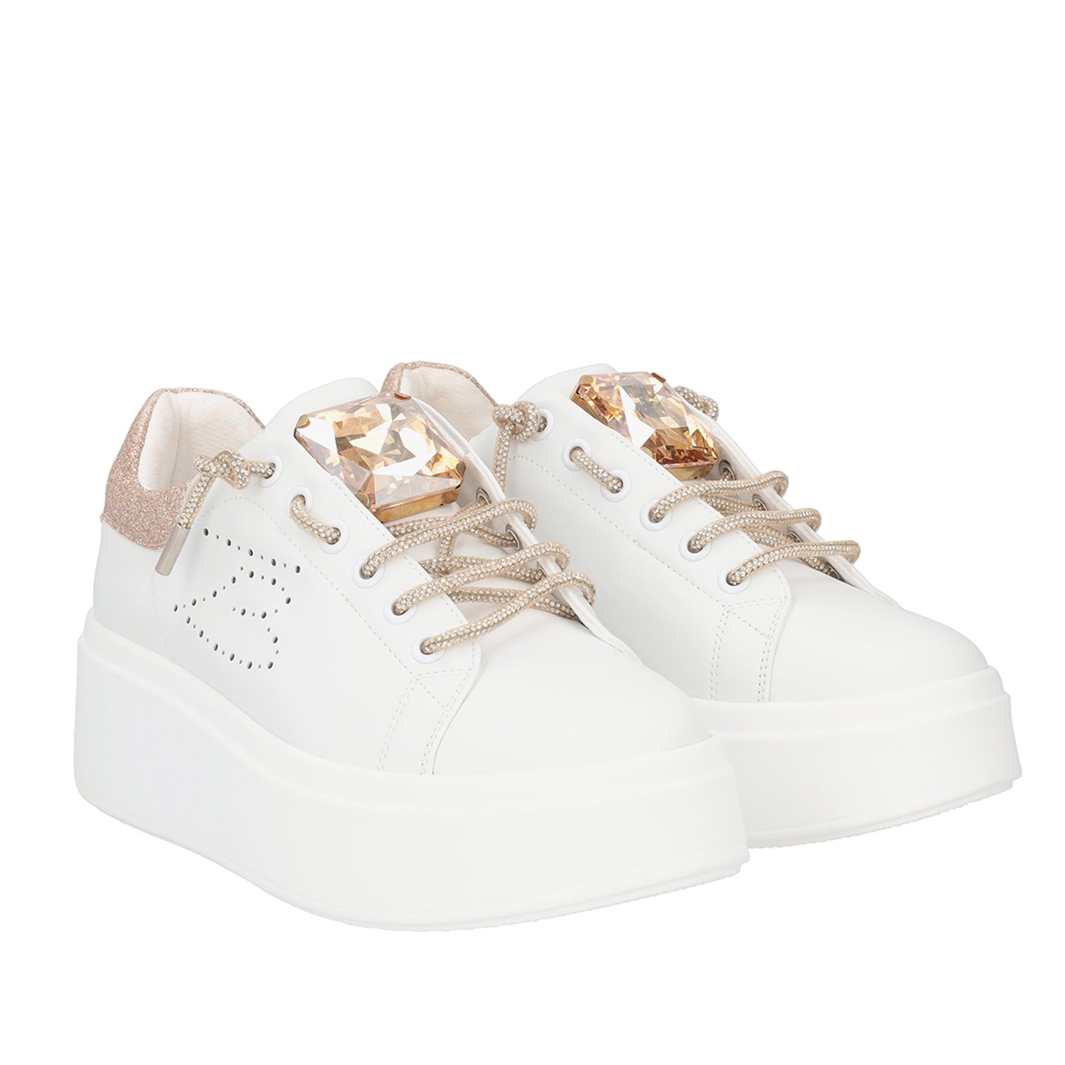 WHITE/GOLD VANITY SNEAKER WITH STONE AND RHINESTONES LACE
