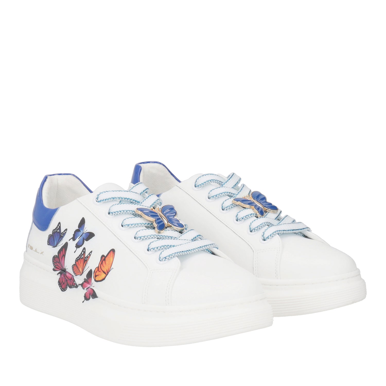 WHITE/BLUE LEATHER FENICE SNEAKER WITH BUTTERFLY PRINT