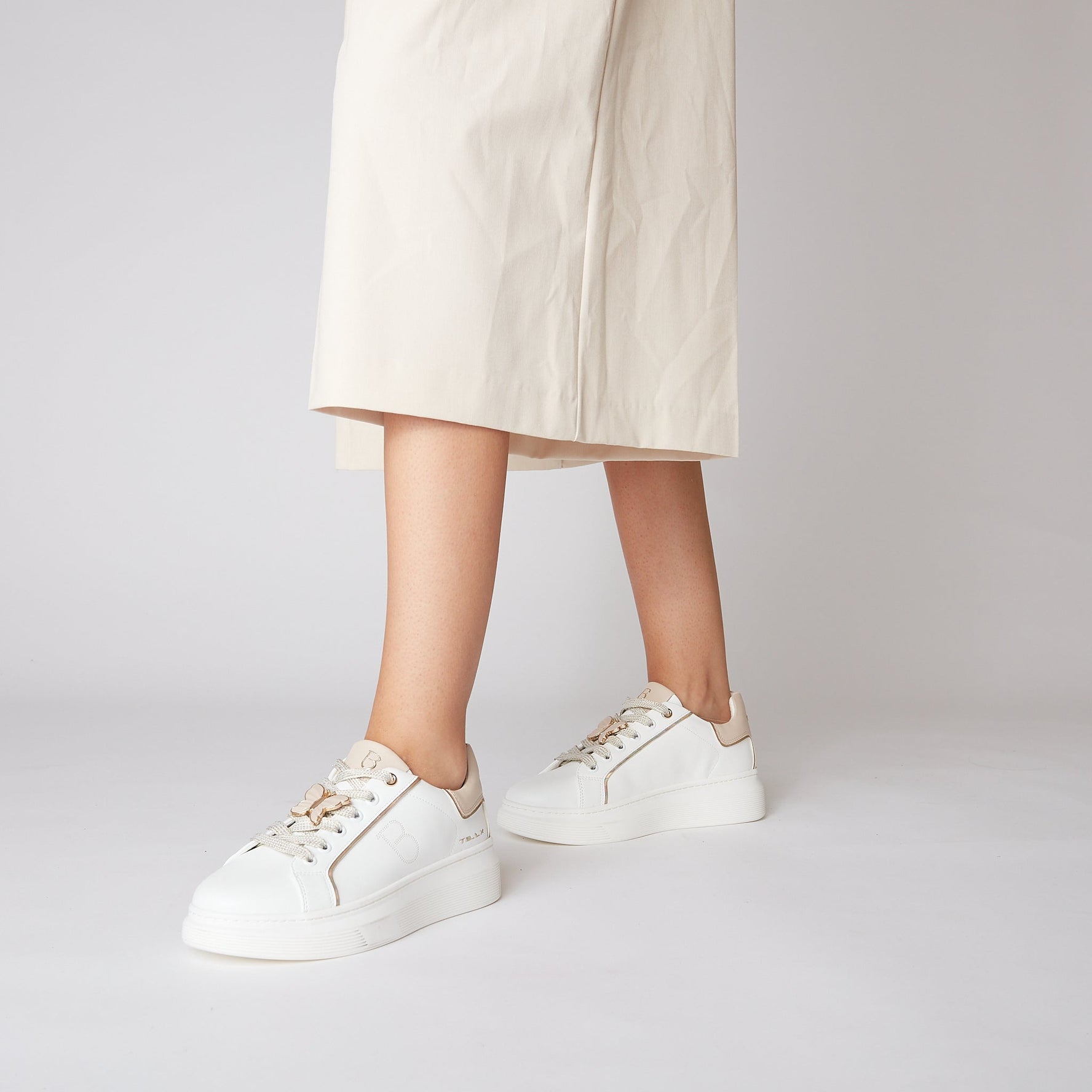 WHITE/BEIGE FENICE LEATHER SNEAKER WITH BUTTERFLY