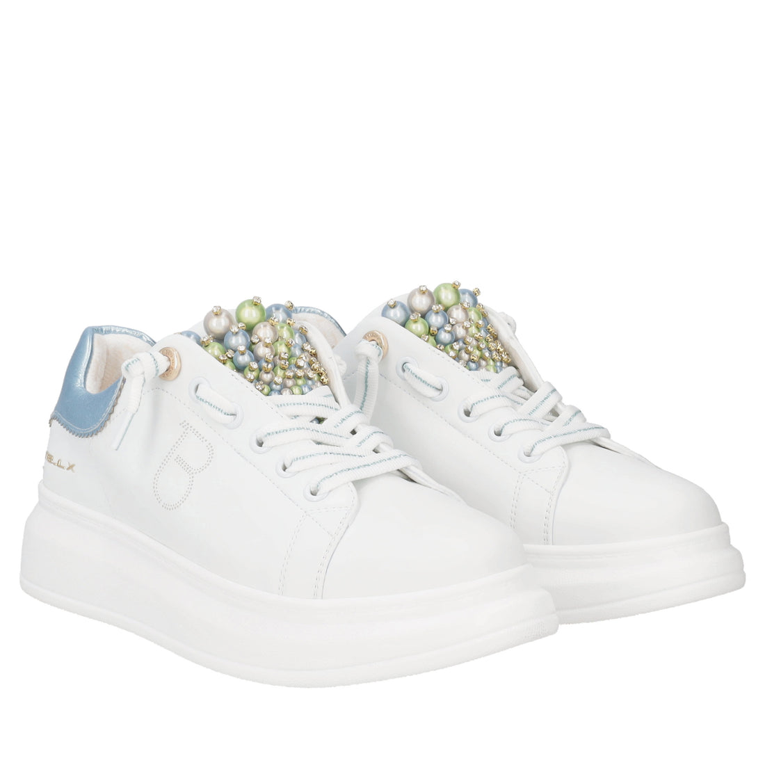 Astrid leather sneakers with white/light blue pearls