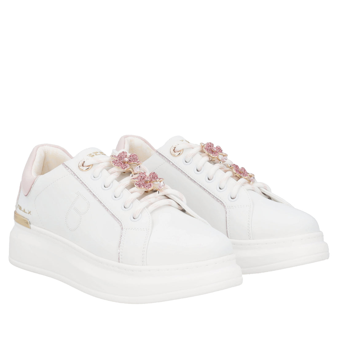 Sneaker Carol in pelle con fiori in strass colore bianco/rosa