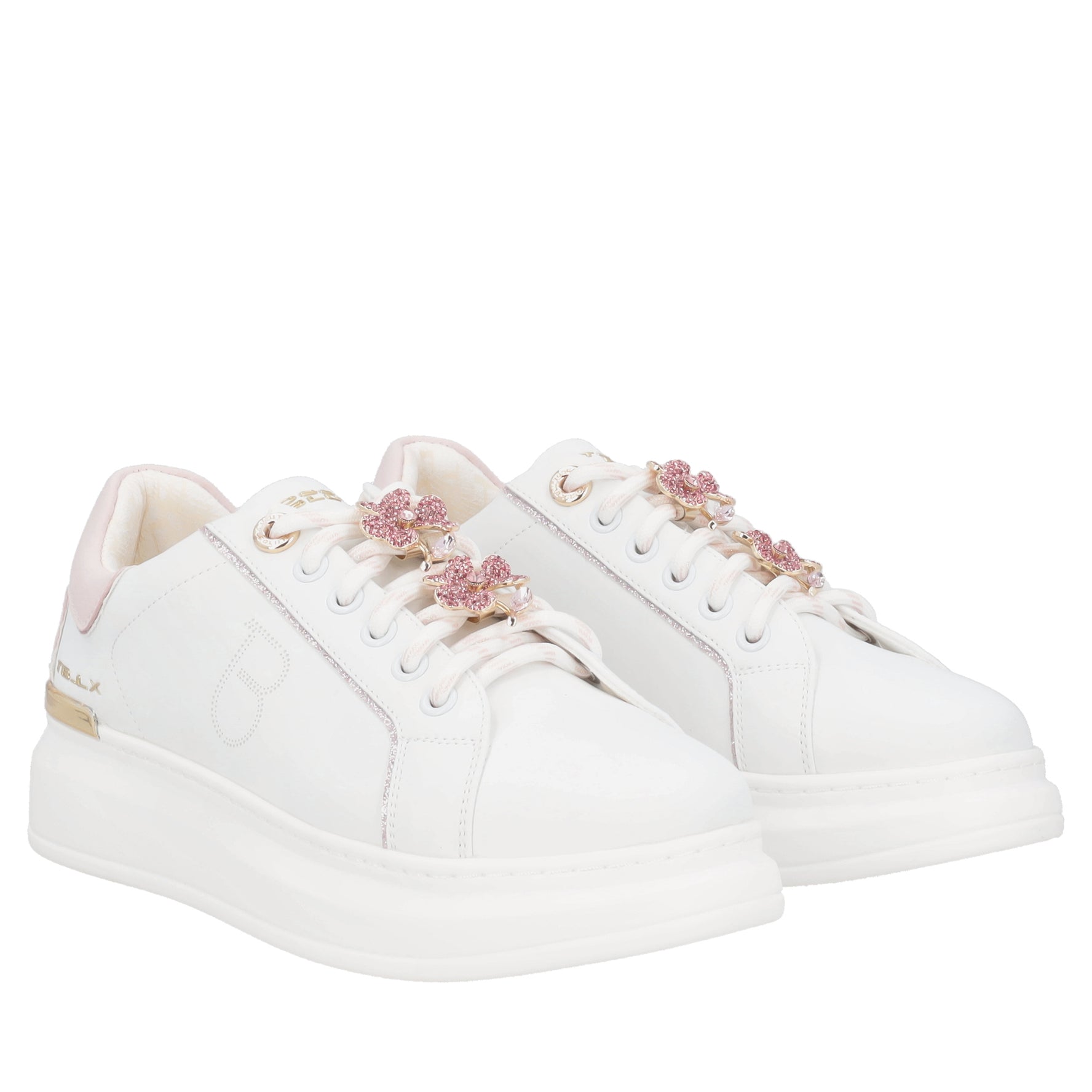Carol leather sneakers with white/pink rhinestone flowers