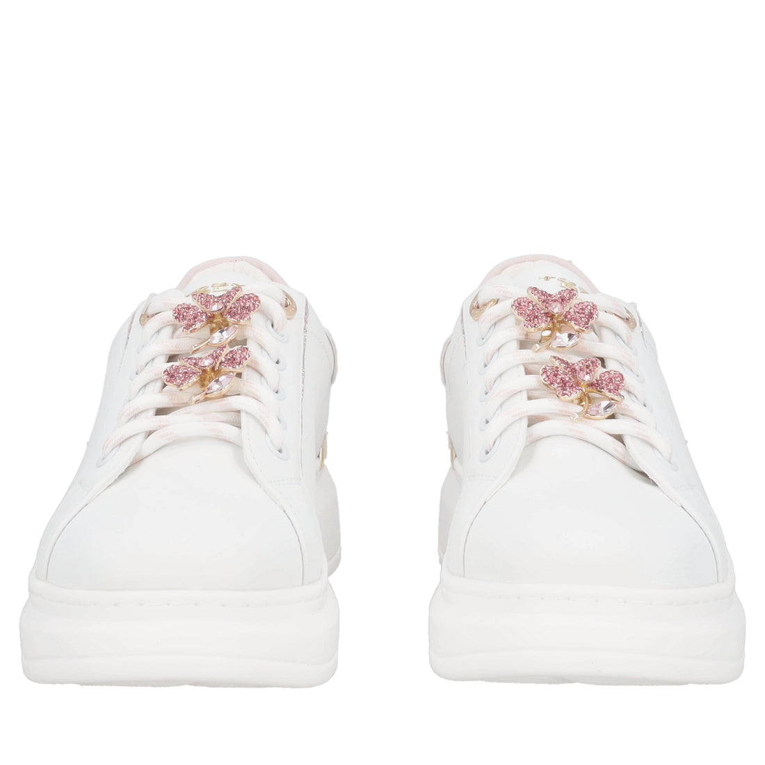 Sneaker Carol in pelle con fiori in strass colore bianco/rosa