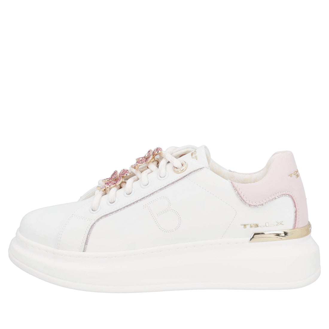 Sneaker Carol in pelle con fiori in strass colore bianco/rosa