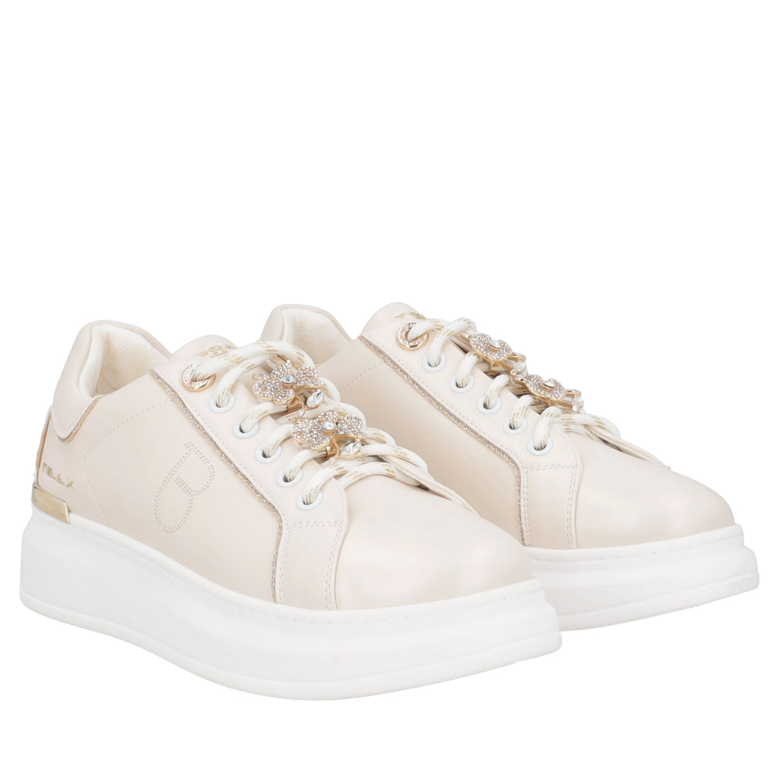 Sneaker Carol in pelle con fiori in strass colore beige