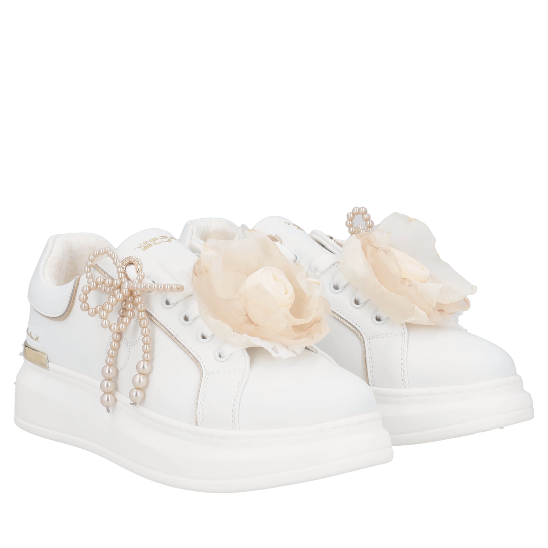 Carol leather sneakers with large white/beige tulle flower