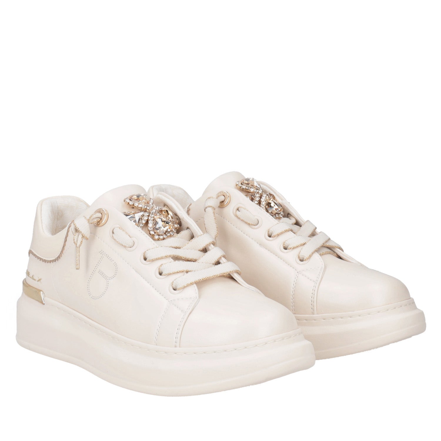 Carol leather sneakers with beige rhinestone hearts