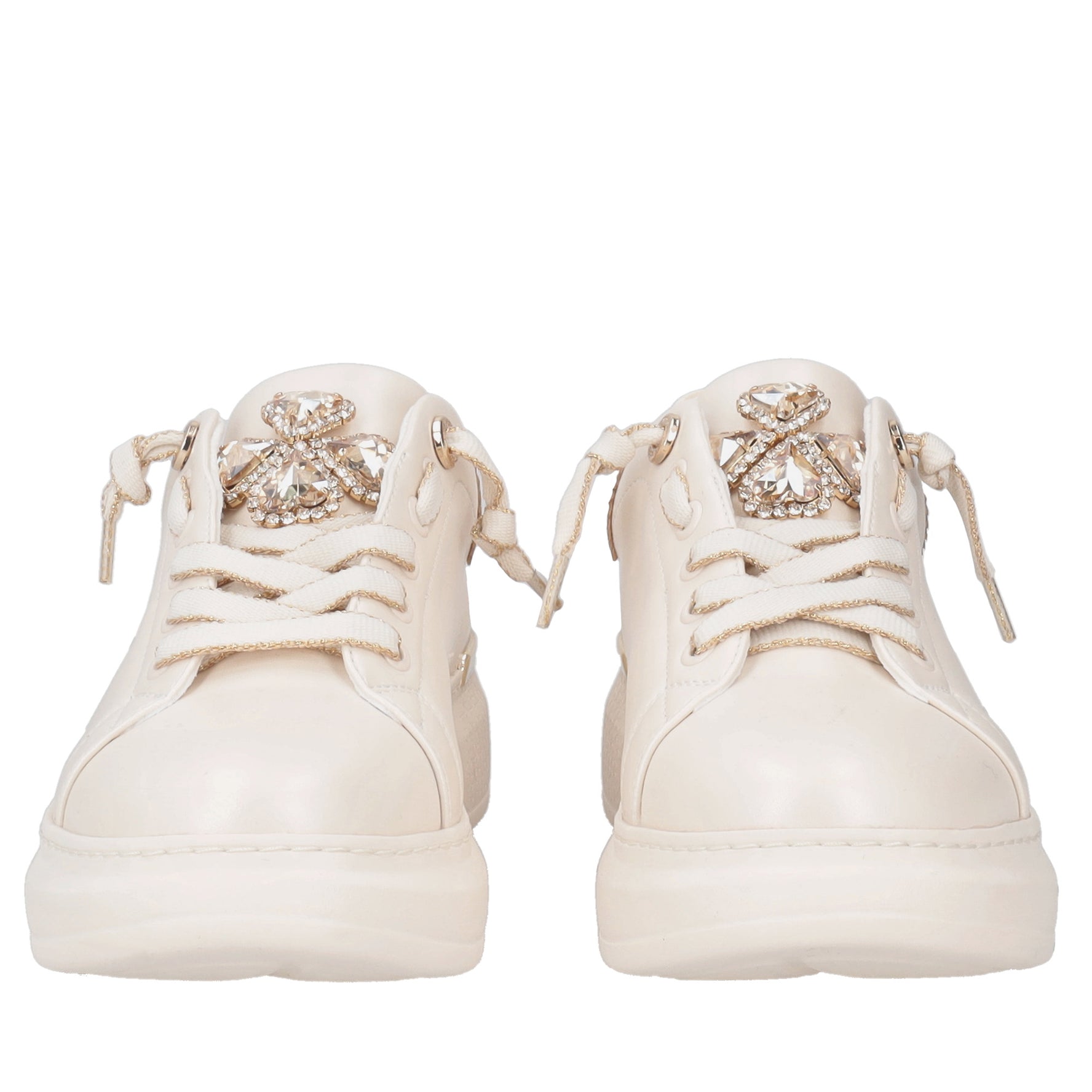 Carol leather sneakers with beige rhinestone hearts
