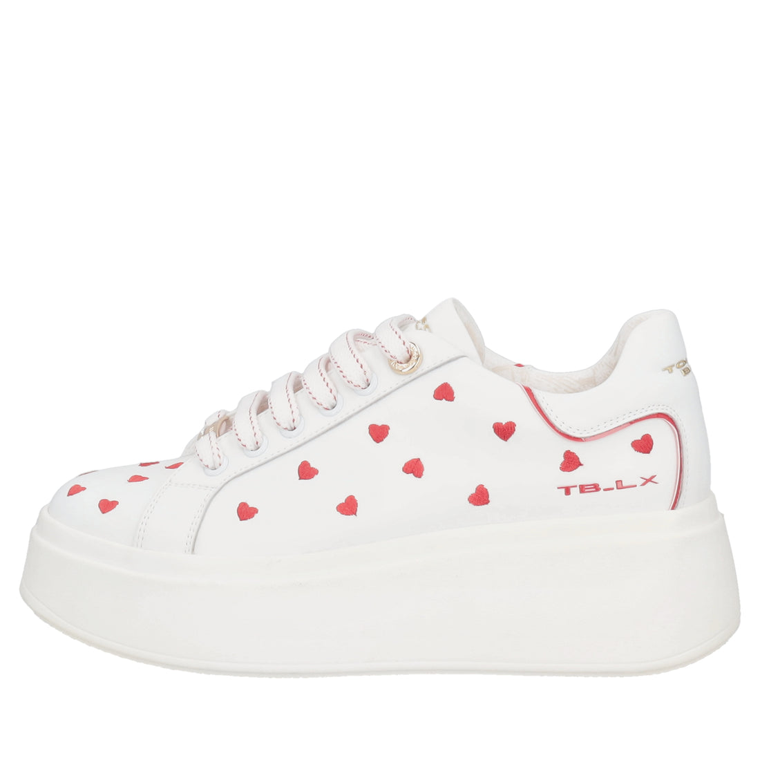 Sneaker Clara in pelle con cuori ricamati colore bianco/rosso