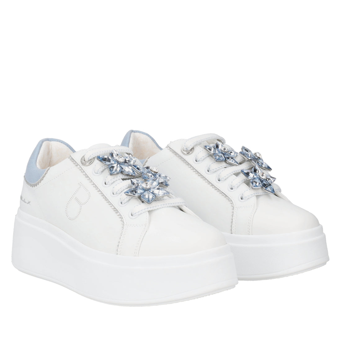 Sneaker Clara in pelle con fiori in strass colore bianco/azzurro