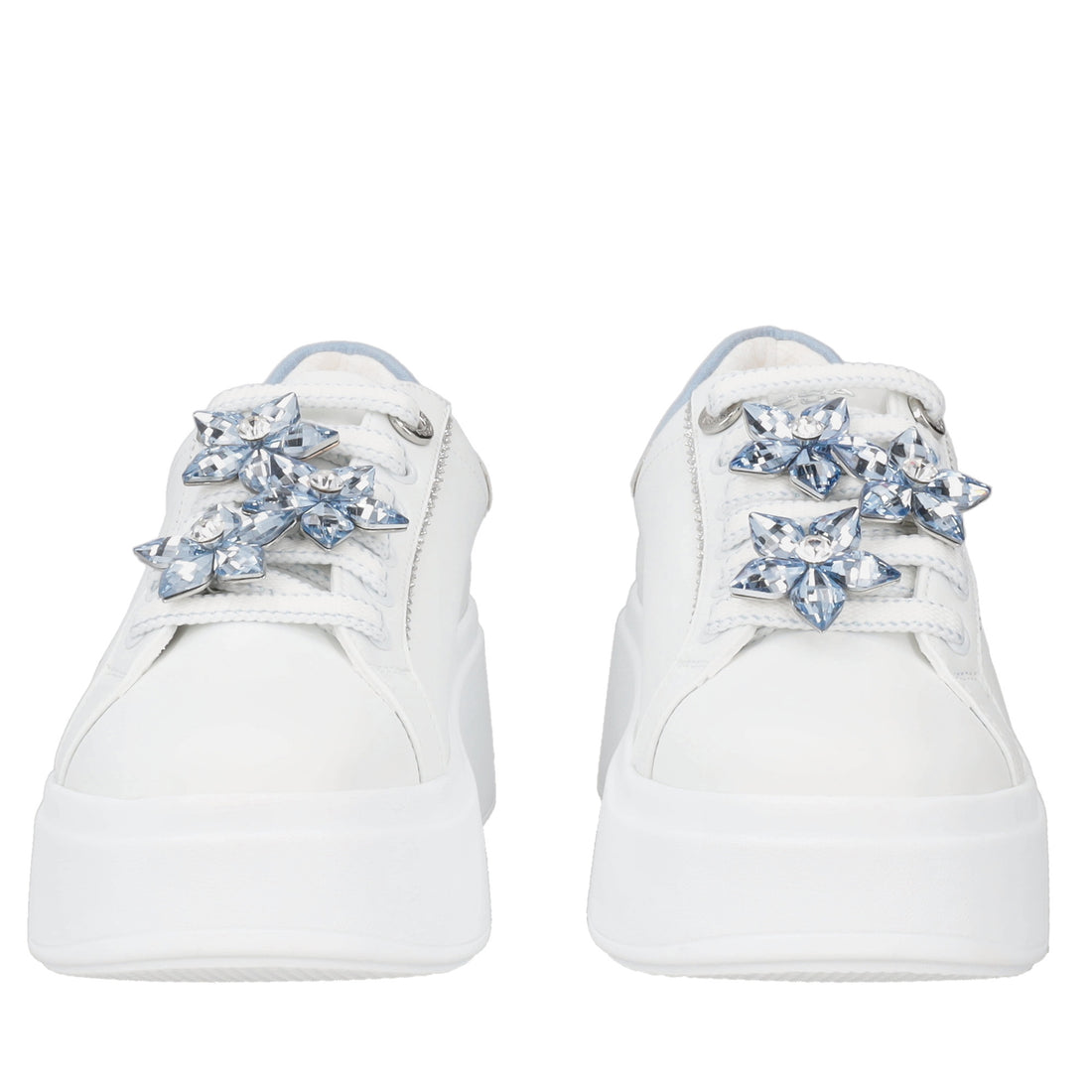 Sneaker Clara in pelle con fiori in strass colore bianco/azzurro