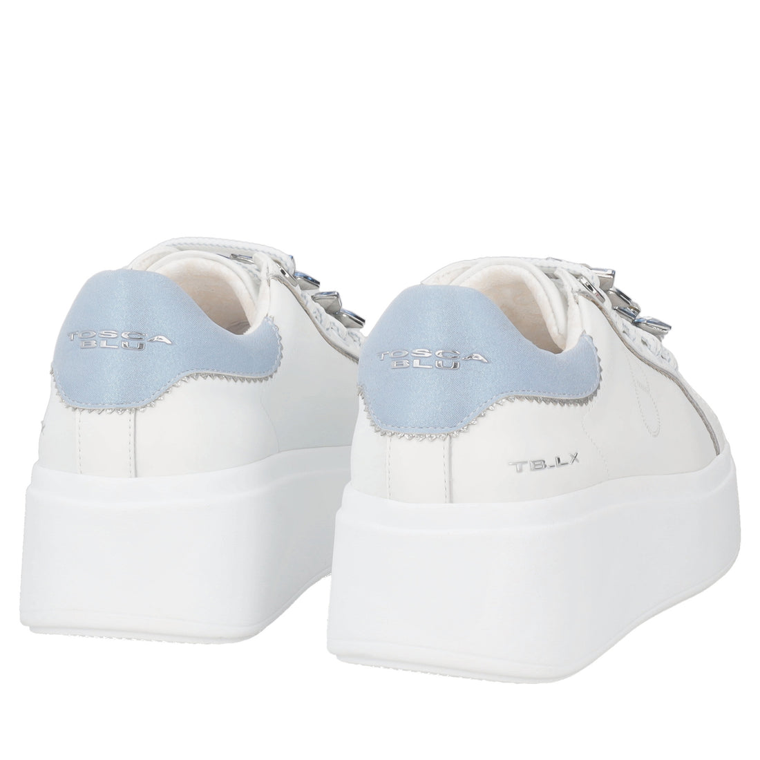 Sneaker Clara in pelle con fiori in strass colore bianco/azzurro