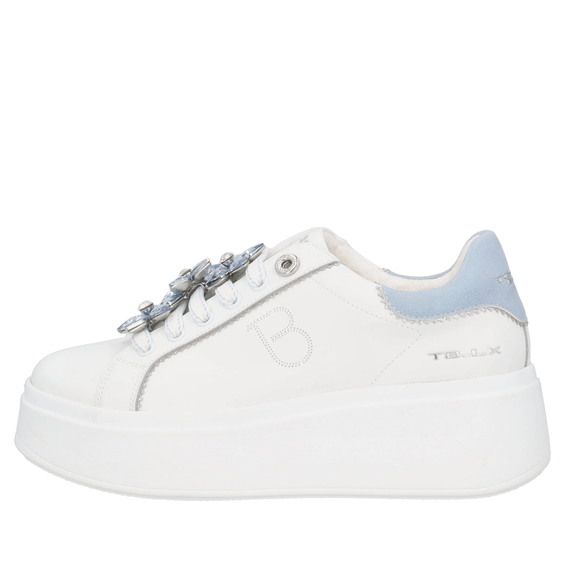 Sneaker Clara in pelle con fiori in strass colore bianco/azzurro