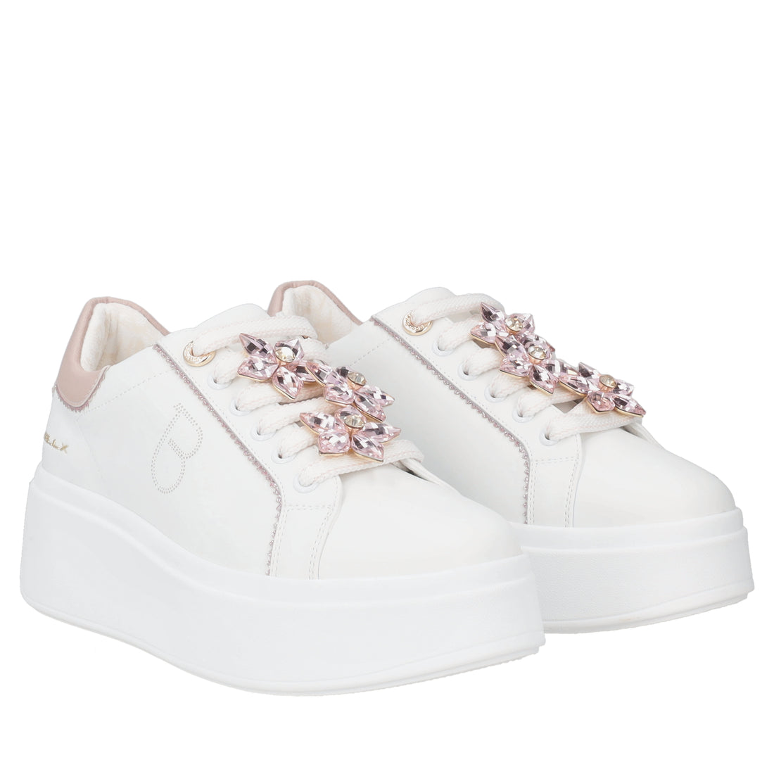 Sneaker Clara in pelle con fiori in strass colore bianco/rosa