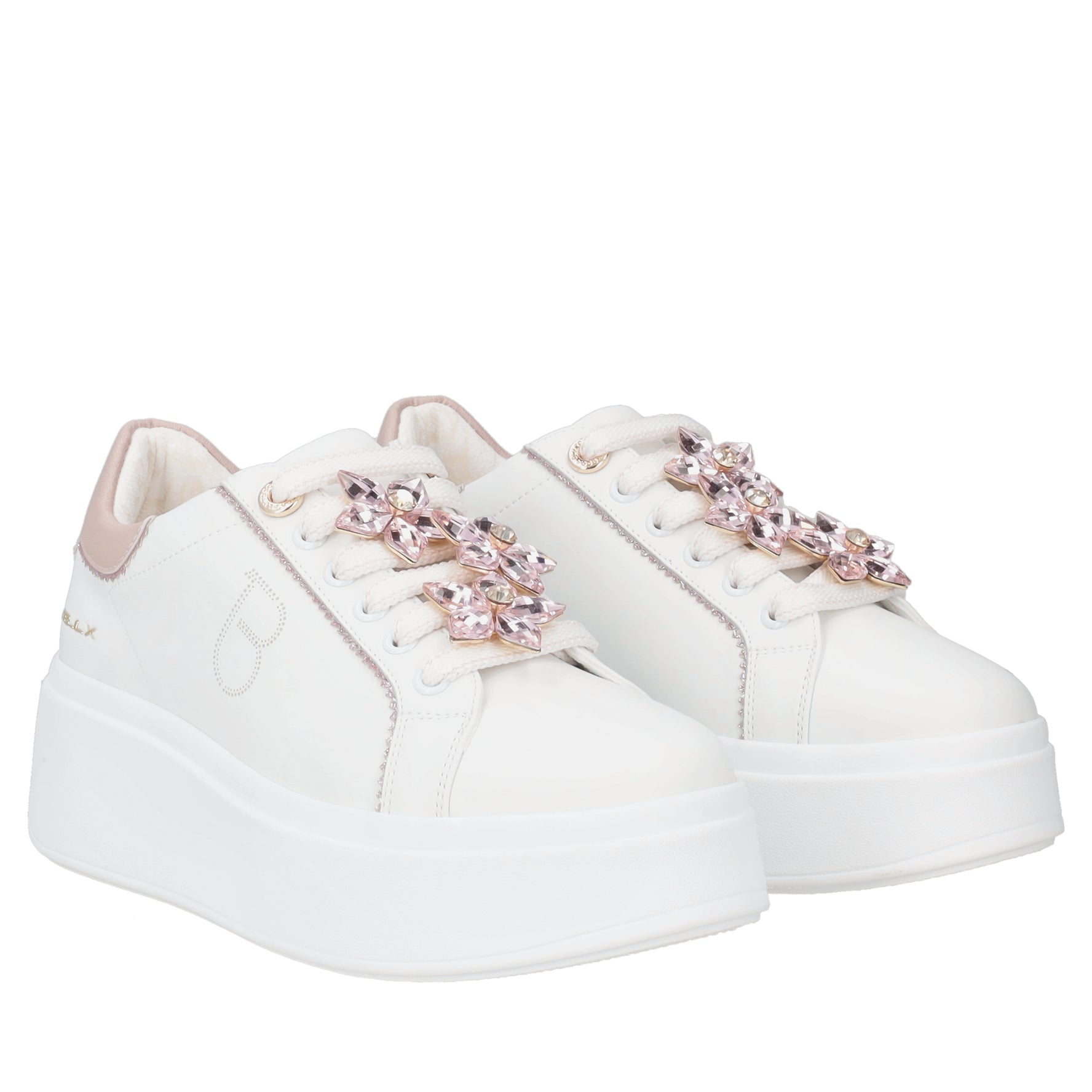 Clara leather sneakers with white/pink rhinestone flowers