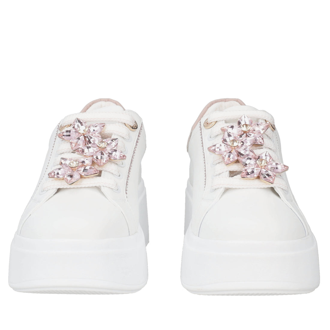 Sneaker Clara in pelle con fiori in strass colore bianco/rosa