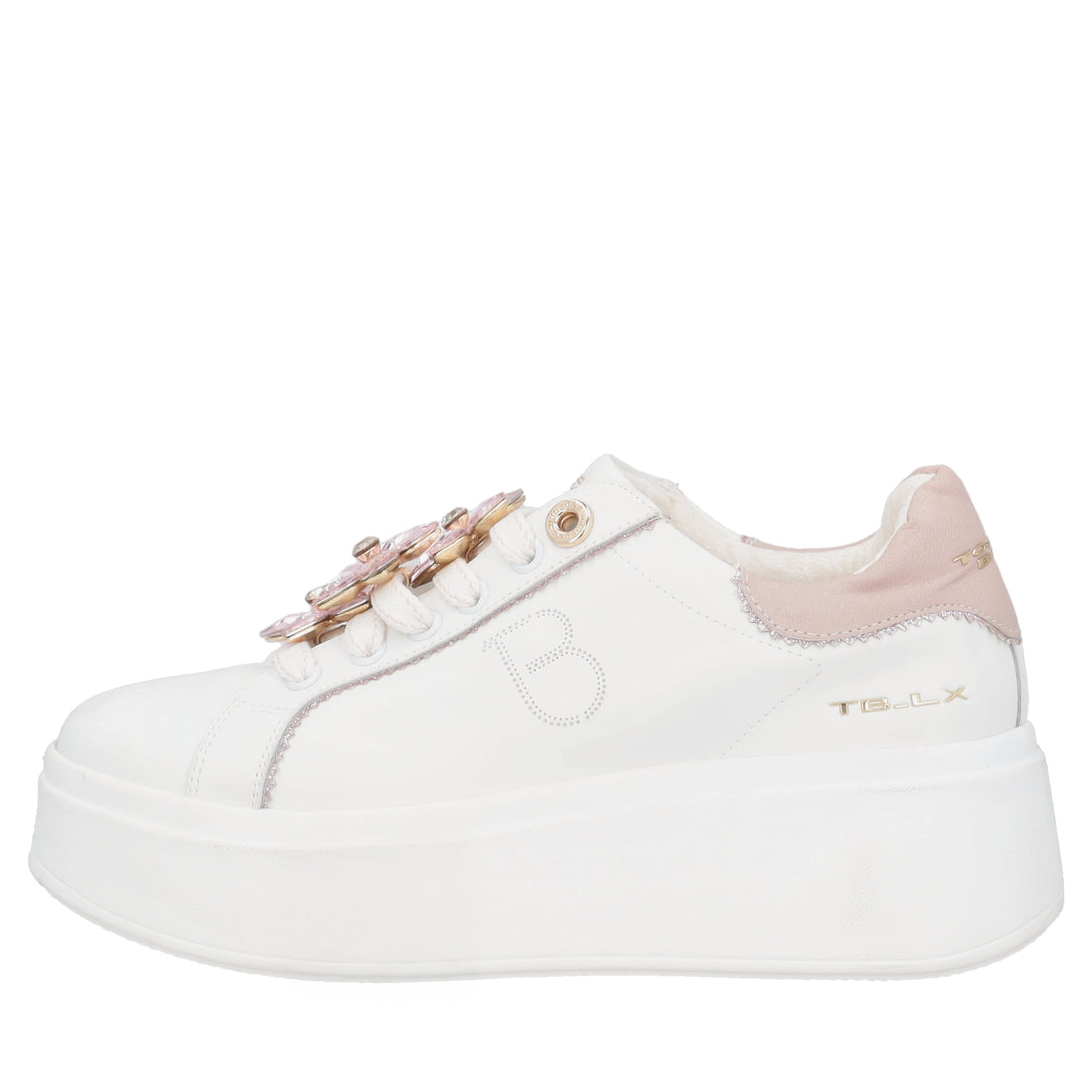 Sneaker Clara in pelle con fiori in strass colore bianco/rosa