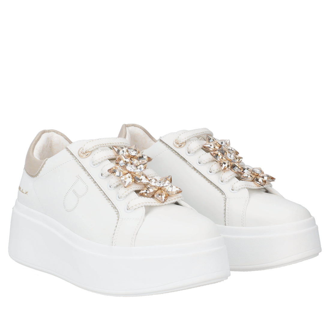 Sneaker Clara in pelle con fiori in strass colore bianco/beige