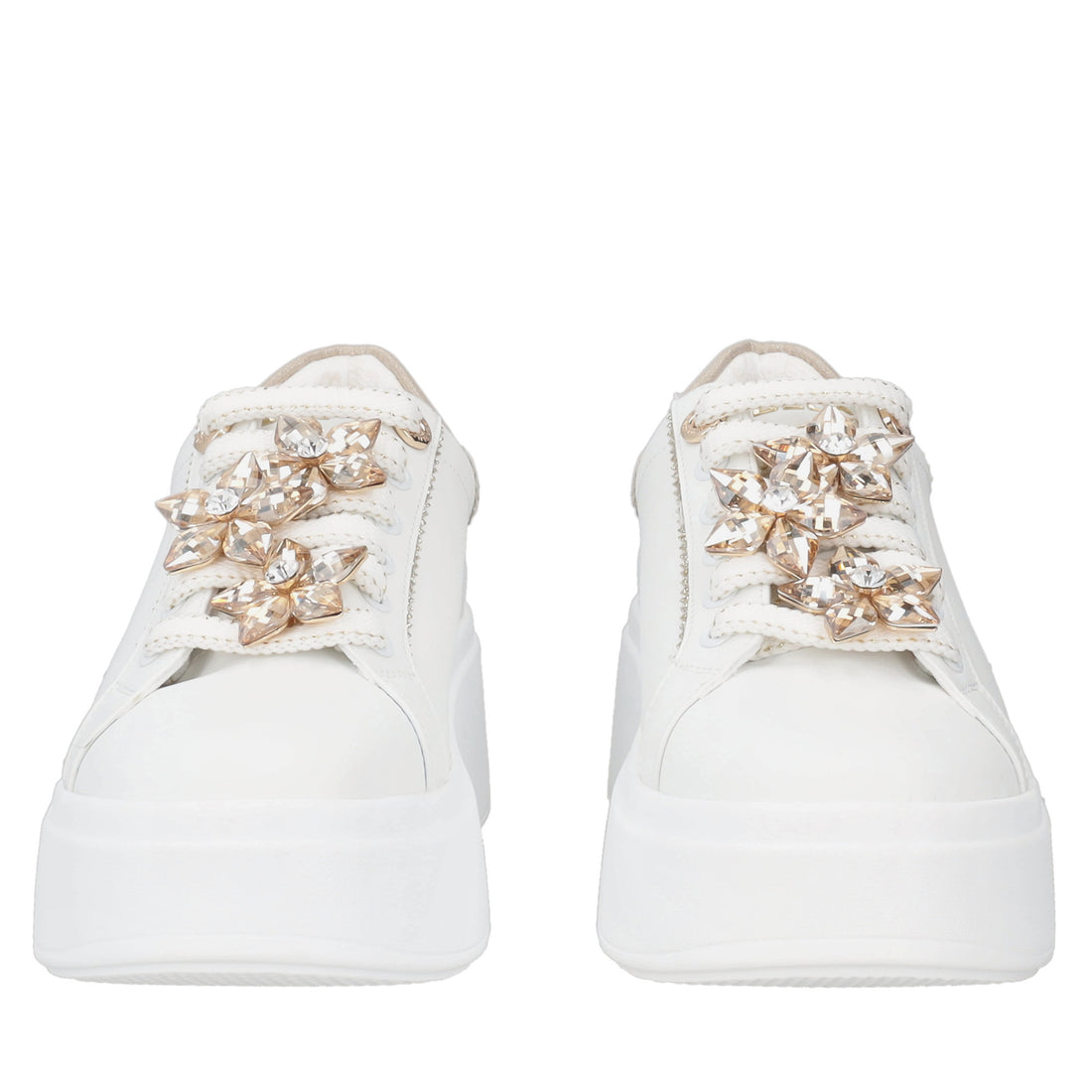 Sneaker Clara in pelle con fiori in strass colore bianco/beige