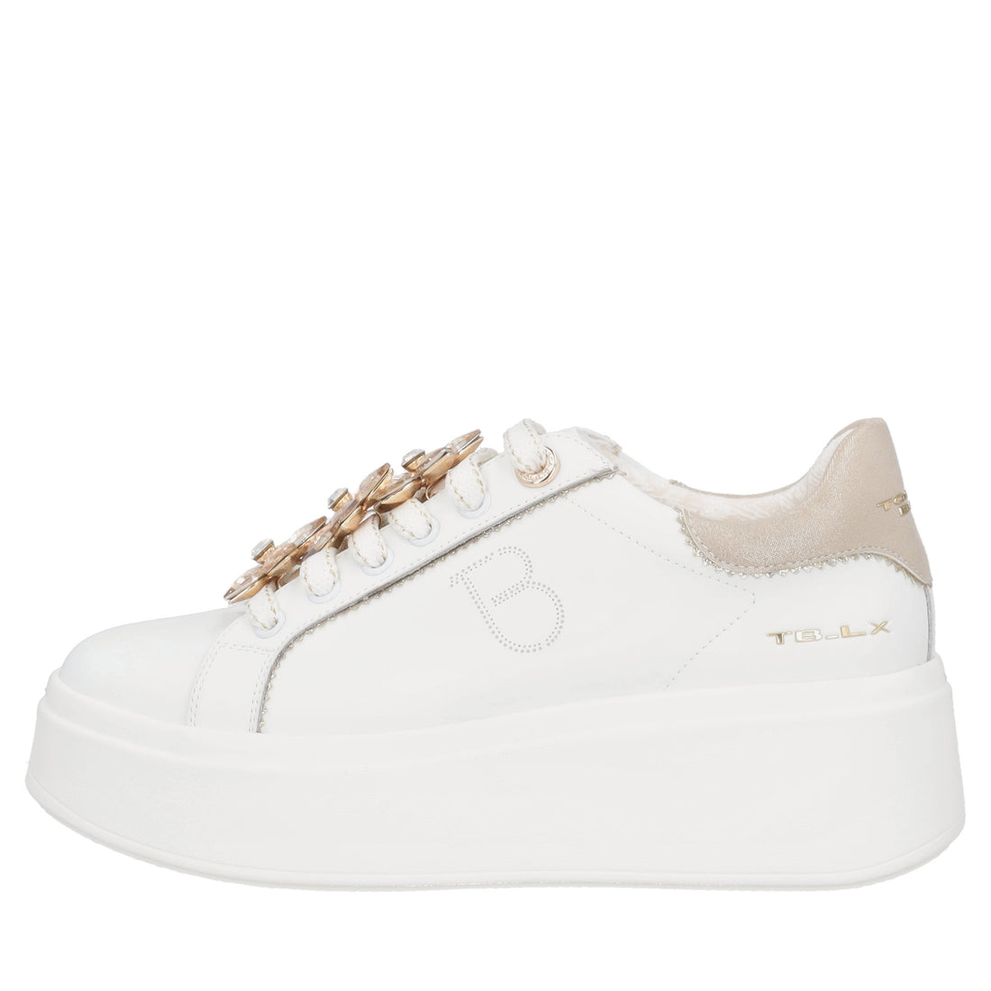 Sneaker Clara in pelle con fiori in strass colore bianco/beige