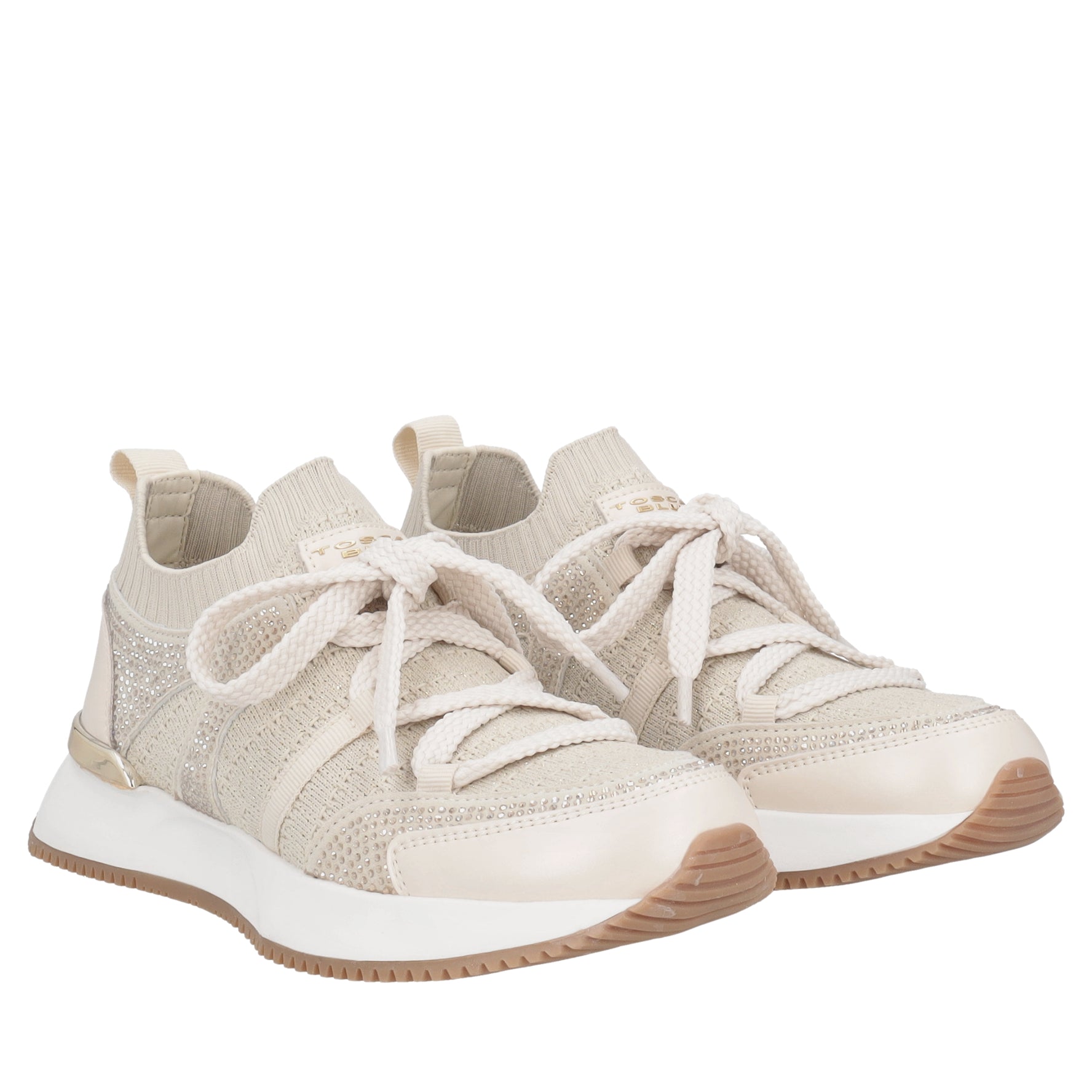Sneaker Cleo in tessuto e pelle con strass colore beige