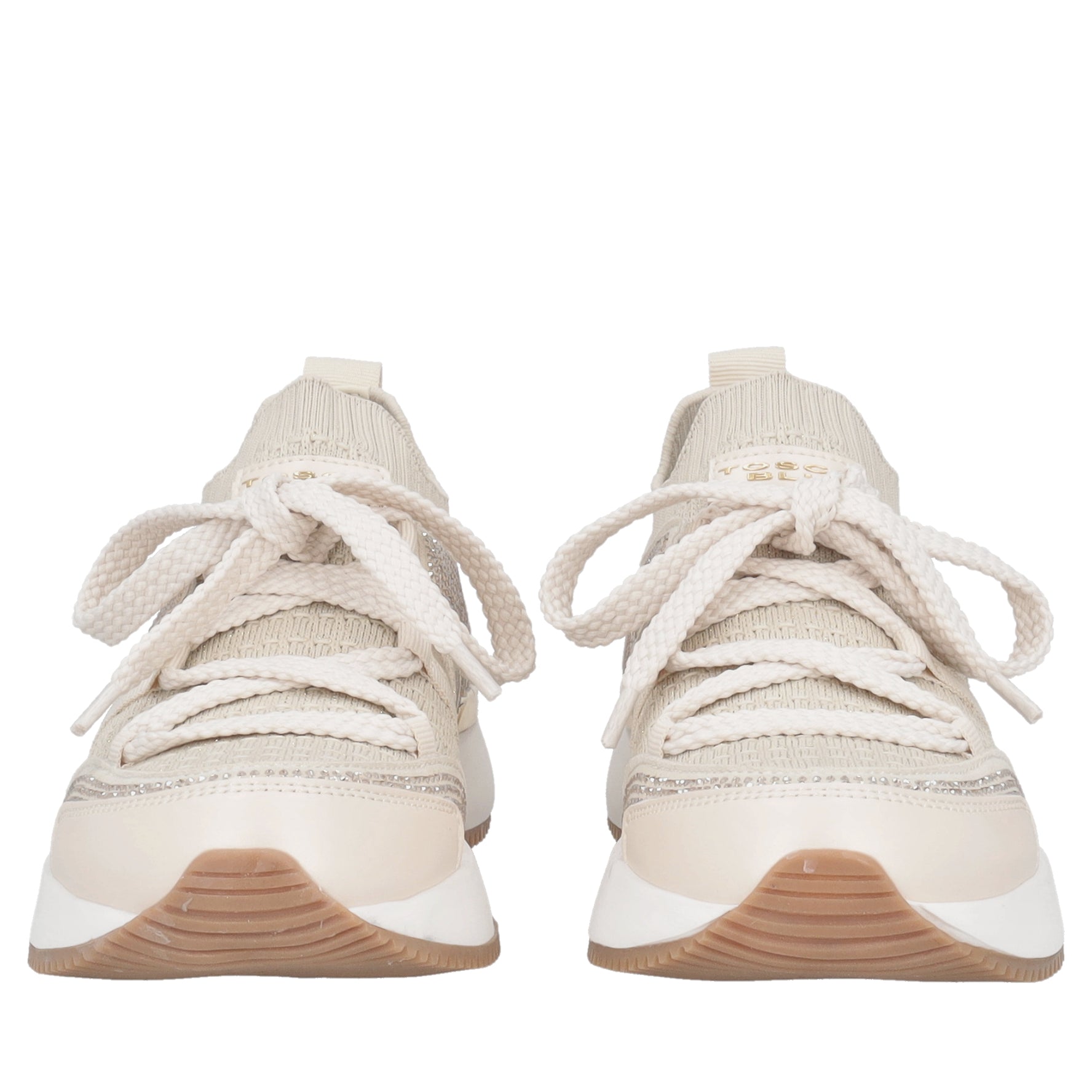 Sneaker Cleo in tessuto e pelle con strass colore beige