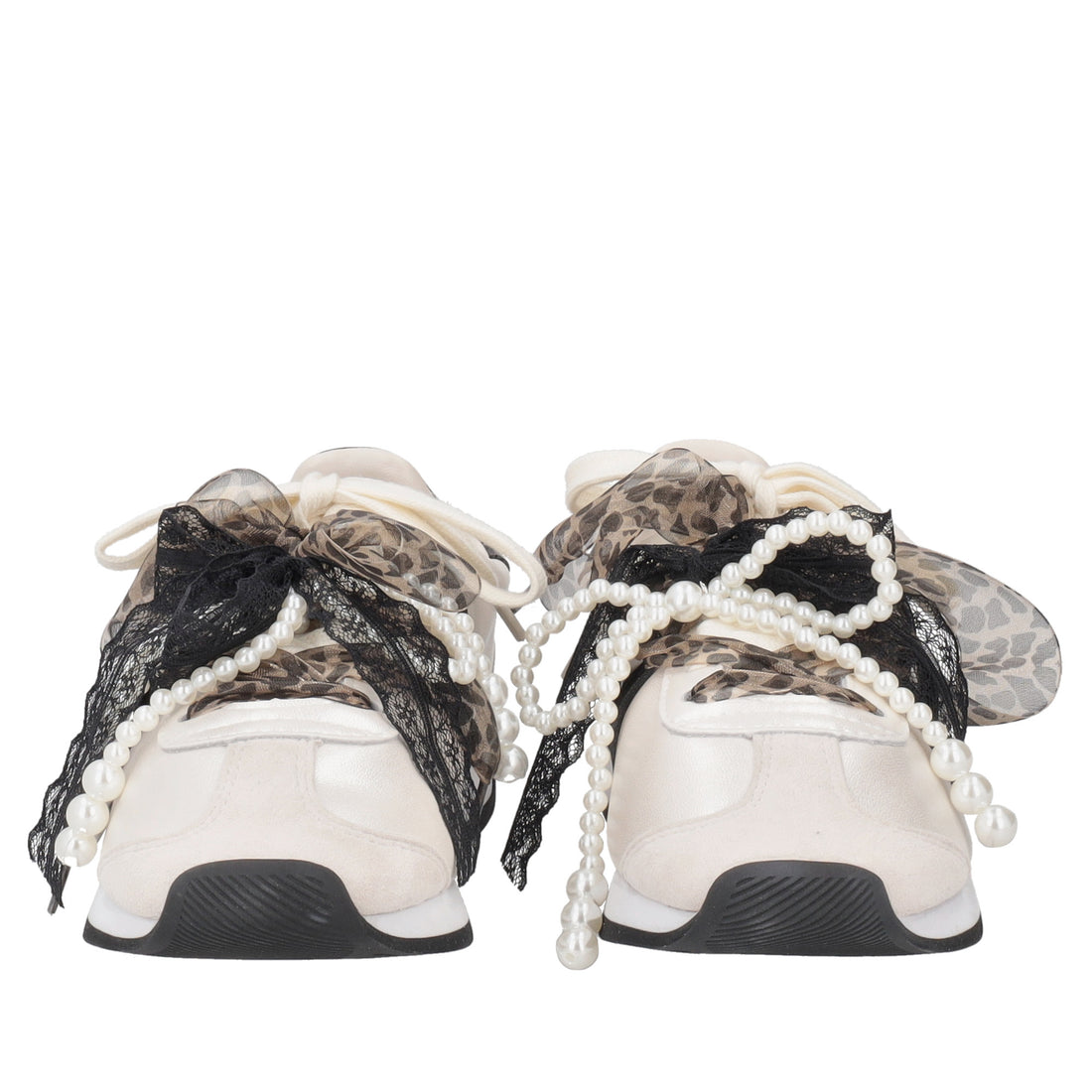 Malika leather sneakers with bows and pearls in white/black