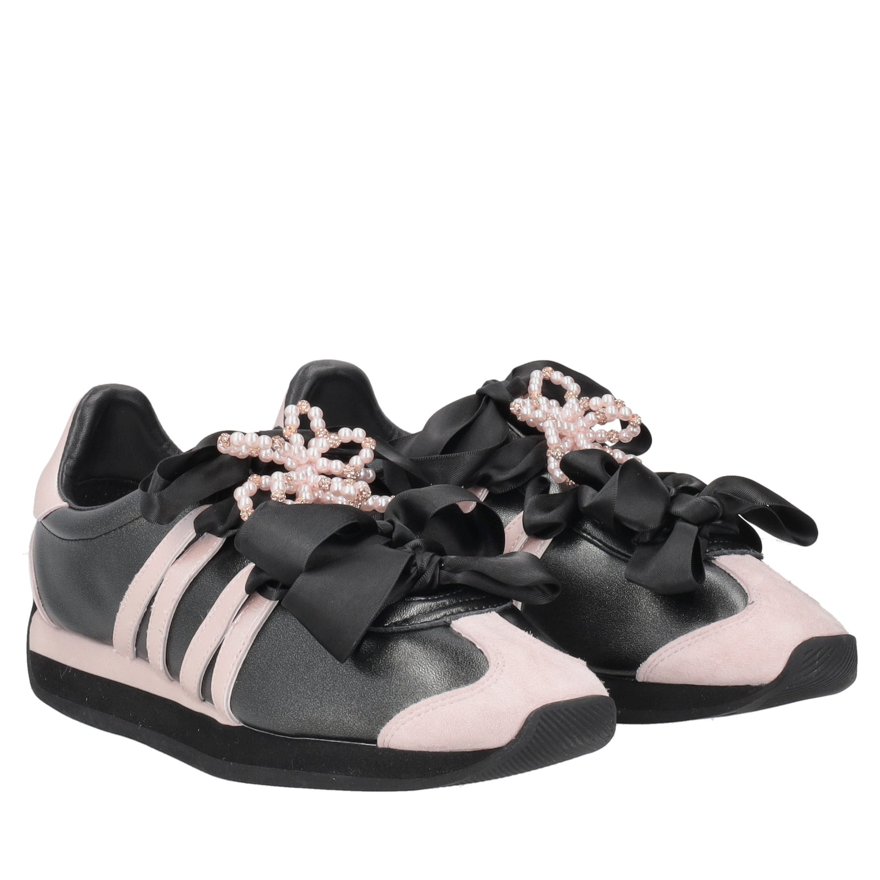 Malika sneakers with satin bows and pearls in black/pink