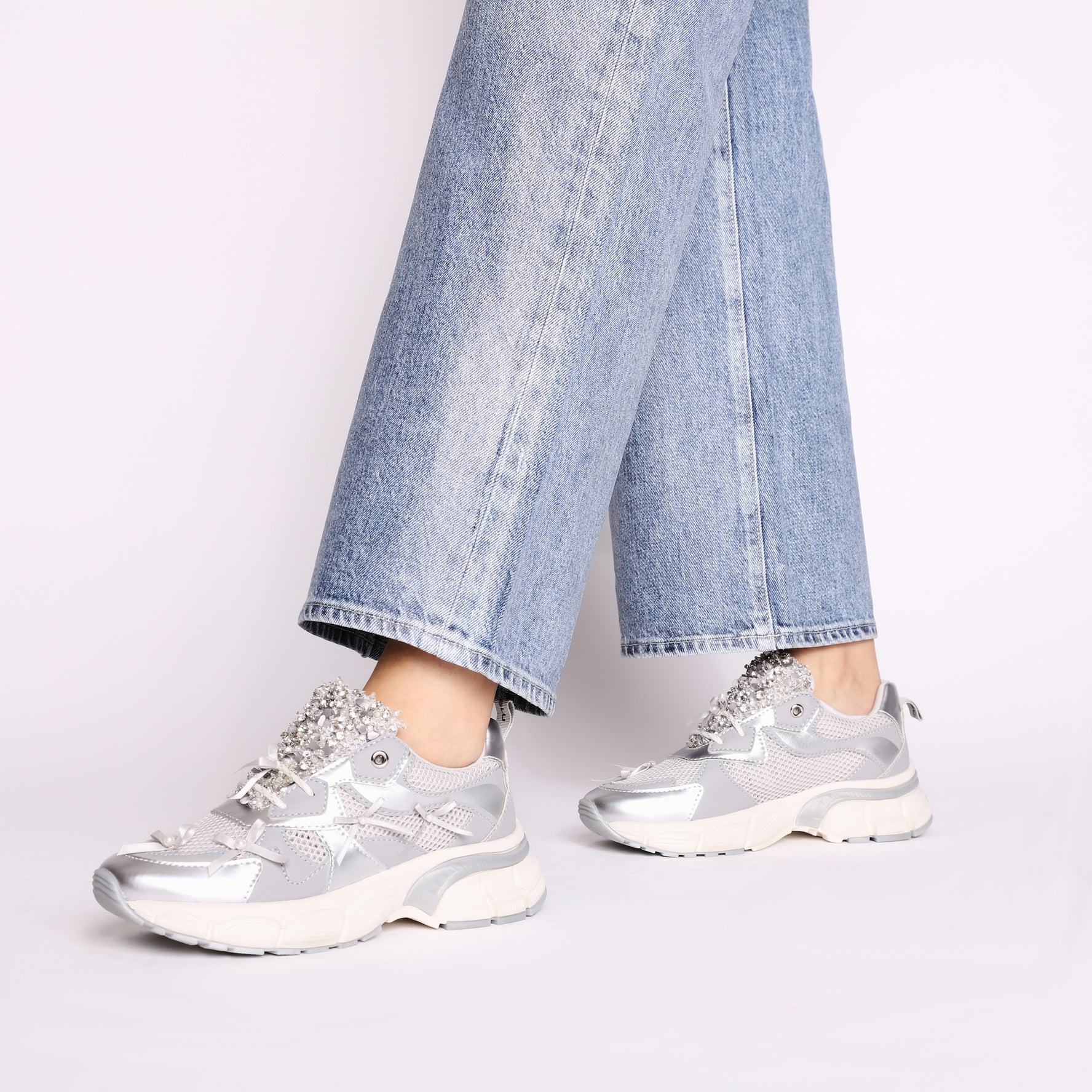 Mirabel sneakers with micro rhinestones, pearls, and silver bows